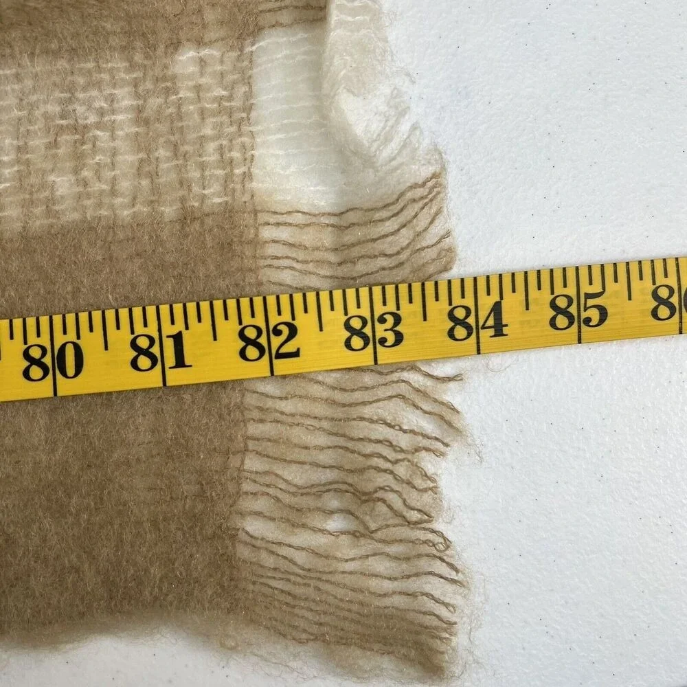 Astor One Scarf Wool Blend Tan Plaid Wrap‎ Vintage Made Japan Fringe Fuzzy Shawl
